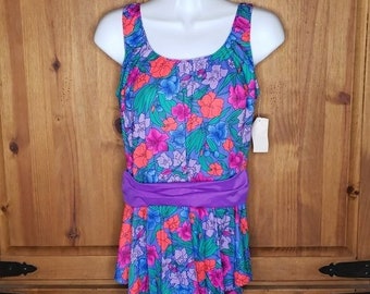 Vintage Maxine Of Hollywood Sash Floral Swimsuit Swim Dress