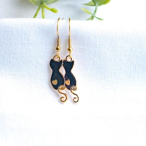 Black Cat Enamel Charm Dangle Earrings: Kitty Dangling Drop Jewelry, Cat Lover Gift