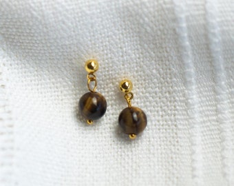 Tiger's Eye Gemstone Drop Earrings: 18K Gold Plated