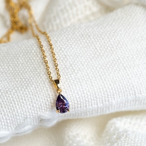 Amethyst Teardrop Necklace: 18K Gold Plated CZ Dainty Jewelry