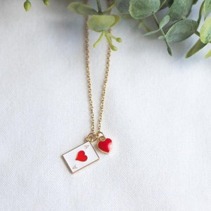 Playing Card with Red Heart Necklace, Ace of Heart Card with Heart Charm Jewelry, Personalized gifts for her, necklaces for women