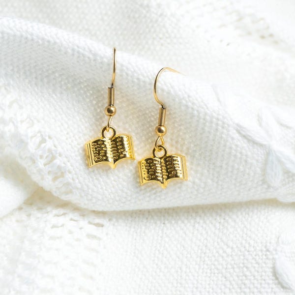 Gold Book Earrings: Small Literary Jewelry, Gift for Readers