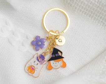Halloween Ghost & Witch Keychain: Personalized Initial Charm, Halloween Accessories