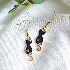 black cat drop earrings, cute kitty dangling jewelry, unique cat charm earrings, earrings gifts for her