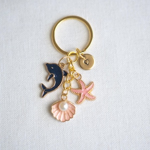 Ocean dolphin Starfish Shell Keychain, Handmade Beach themed Keyring Personalized Gift, purse bag charm keychain