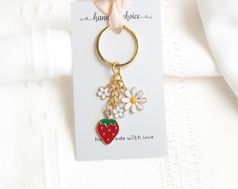 Strawberry Keychain: Flower Charm, Personalized Initial Keyring