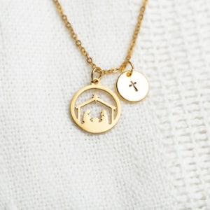 Golden Bethlehem star Nativity Scene Pendant Necklace, baby Jesus Jewelry, manger, Christmas Necklace for her, Christ in Christmas