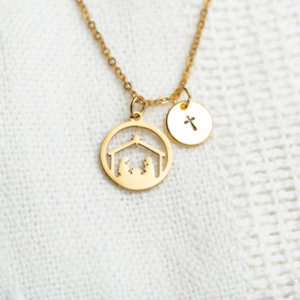 Bethlehem Star Nativity Scene Pendant Necklace: Gold Baby Jesus Jewelry