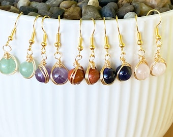 Wire Wrapped Gemstone Dangle Earrings: Boho Style, 18K Gold Plated Wire