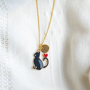 Black Cat with Red Heart Necklace, Personalized Jewelry for her, Cat lover gift,  Black Kitten Charm Animal Necklace