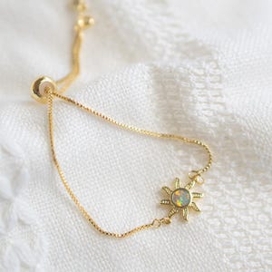 Gold Sun Charm Bracelet: Synthetic Opal, Personalized Initial, Adjustable 18K Gold Plated Slider