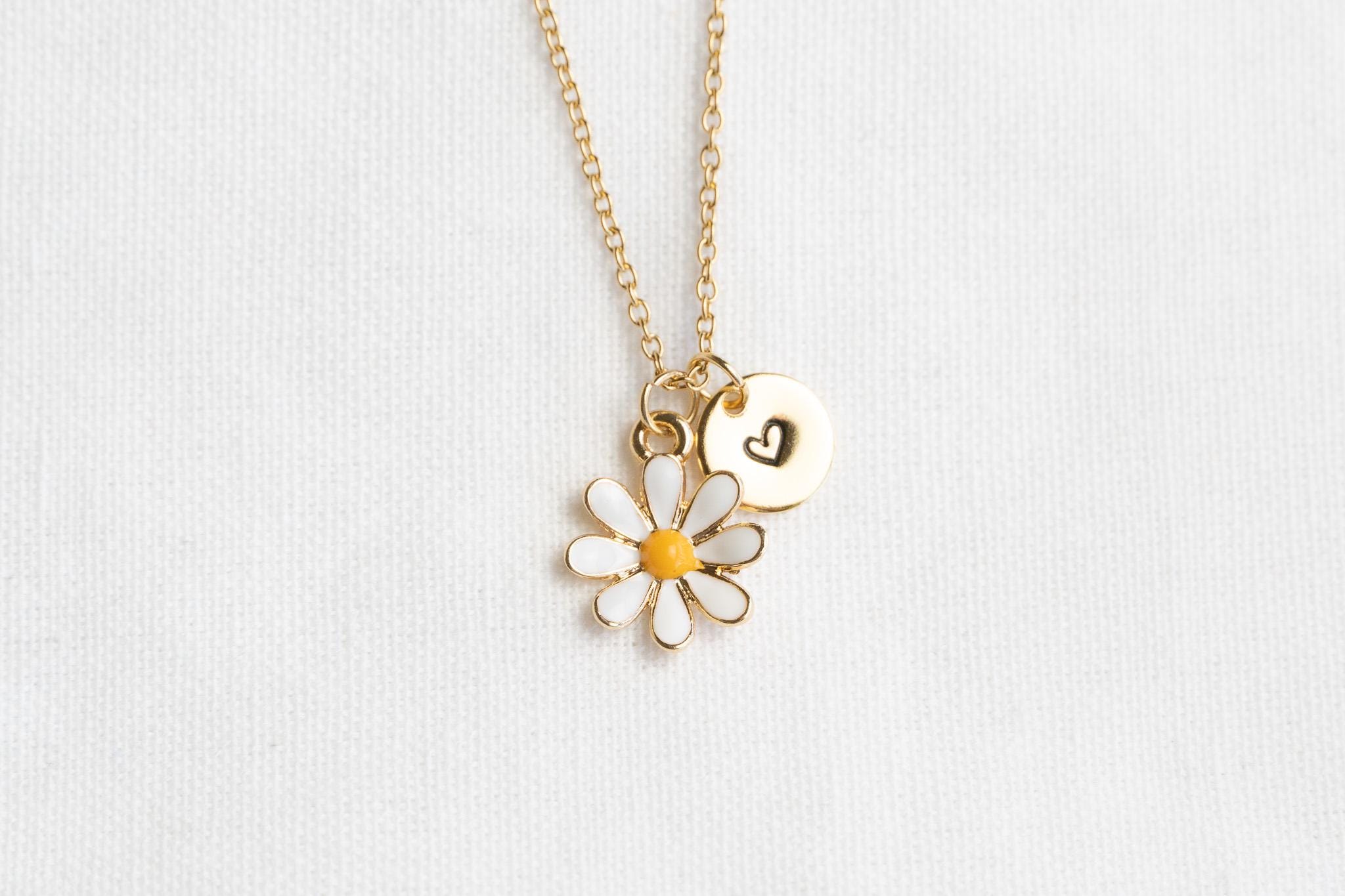 Cute Daisy Flower Charm Necklace, Spring Floral Pendant Necklace with Personalized initial Charm, White Flower Jewelry
