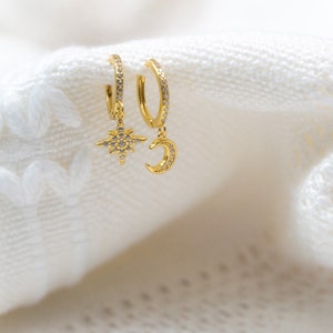 Celestial Huggie Hoop Earrings: Sterling Silver Star & Moon, CZ Diamond