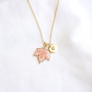 Fall Maple Leaf Necklace: Enamel Autumn Jewelry, Personalized Initial Charm