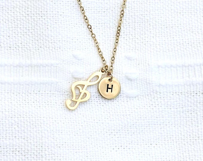 Gold Treble Clef Necklace, Personalized Initial Charm, Music Teacher Gift