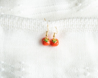 Tomato Drop Earrings: Enamel Vegetable Charm, Gold Plated Wire