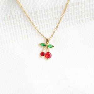 Cherry Necklace, Cubic Zirconia Gemstone Cherry Jewelry, Personalized Fruit Necklace, 18K Gold Plated Pendant, Cherry Fruit Pendant,