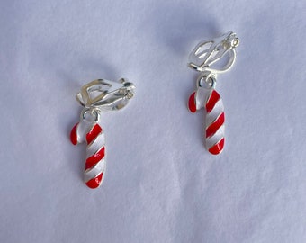 boucles d'oreilles clips/crochets en forme de canne en bonbon de Noël