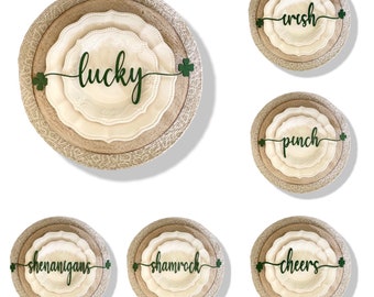 Set of 6 Saint Pattys Day plate topper scripts with shamrocks / name cards