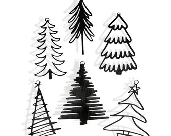 Set of 6 Scribble trees Christmas tree ornaments