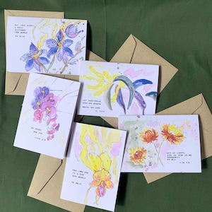 Lot de 5 cartes de voeux, fleurs et vers