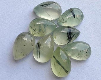 Natural Prehnite Rutile Cabochon Pear Shape Flat Back Calibrated Gemstone for Jewelry Making