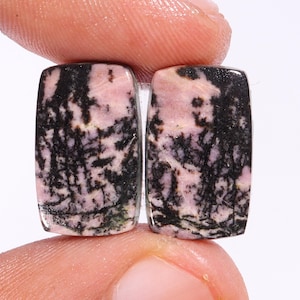 May include: Two rectangular pink and black patterned cabochons. The cabochons have a unique dendritic pattern.