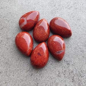 以下が含まれることがあります： 白と茶色の模様が入った赤い涙型の石が6つ。石は滑らかで磨かれています。