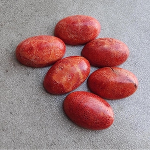 Pode incluir: Seis cabochões ovais de coral vermelho com uma superfície áspera e texturizada.