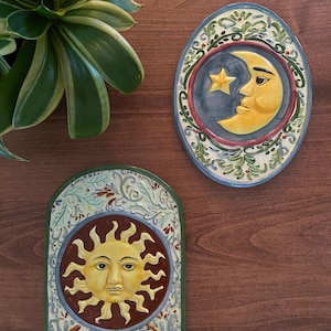 Pair of Vintage Sun and Moon Ceramic Wall Plaques | Celestial Decor | Italian Style