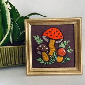 Merry Mushroom Vintage Inspired Handmade Crewel Embroidery | Framed | 70s Mushroom Wall Art