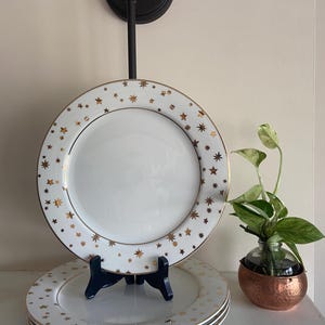 May include: White ceramic plates with gold star and trim design. One plate is displayed on a black stand, with two additional plates stacked below. A small plant in a copper-colored pot sits nearby.