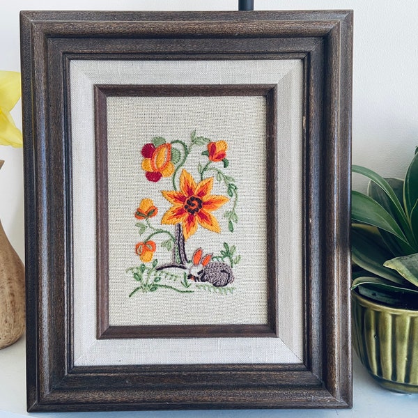 Vintage Crewel Embroidery | Jacobean Style | Floral Crewel | Bunny Crewel