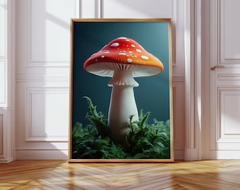 Impresión de seta roja: ilustración caprichosa de seta del bosque, arte mural estilo cottagecore