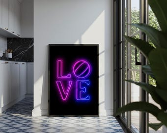 LOVE Neon Sign Wall Art Print: Purple and Pink Glow Typography Poster