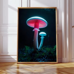 Neon Glowing Mushroom Wall Art Print – Surreal Forest Poster with Luminous Fungi, Magical Fantasy Decor for Nature & Psychedelic Lovers