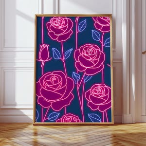 Poster da parete con rose al neon: design floreale rosa e viola intenso per una stanza moderna, un dormitorio o un accento decorativo glamour.