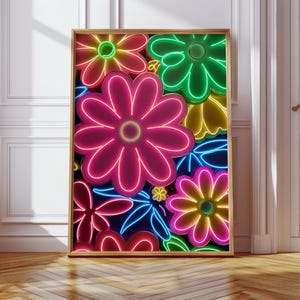 Stampa artistica da parete con fiori al neon luminosi – Poster floreale retrò colorato in rosa, giallo, verde – Arte alla moda per la cameretta degli adolescenti o per l'arredamento boho