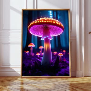 Glowing Neon Mushroom Wall Art – Psychedelic Forest Print with Purple and Orange Fungi for Trippy Room or Fantasy Decor