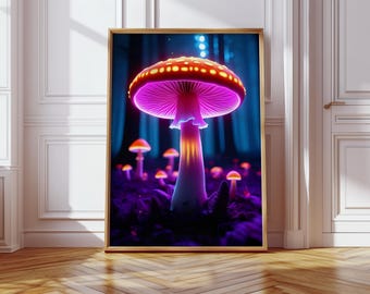 Neonowe grzyby: psychodeliczny leśny plakat ścienny, psychodeliczny wystrój