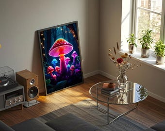 Neonowa grafika z grzybowym lasem: psychodeliczna sztuka ścienna Cottagecore
