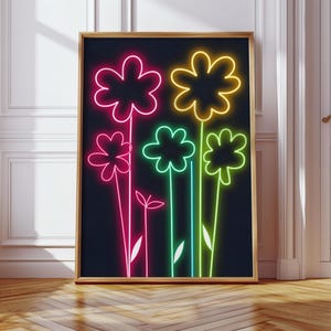 Lámina de arte mural con flores de neón: póster floral retro colorido para habitación de adolescentes, decoración de dormitorio, estética de los 70, obra de arte moderna y brillante.