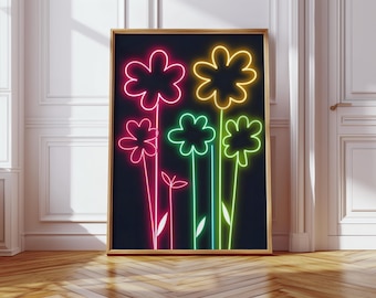 Lámina de flores de neón para pared: decoración floral retro de los años 70 para dormitorio