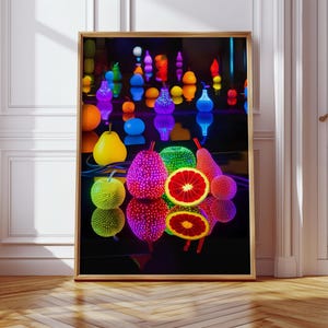 Stampa artistica da parete con pere e agrumi al neon – Decorazione da cucina colorata, poster di frutta funky, stile pop art vibrante, regalo per gli amanti del cibo