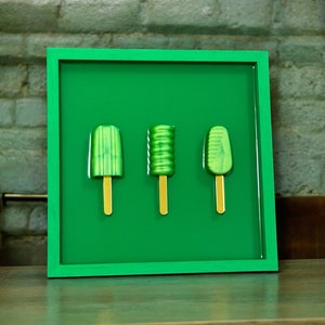 Groene ijslollykunst aan de muur – 3D-harsijssculptuur, popart keukendecor, snoepkunstwerk, zomermuurhanging voor thuis