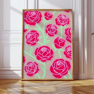 Lámina de pared de jardín de rosas neón: estampado de rosas rosa intenso con enredaderas verdes, póster floral para dormitorio, oficina o habitación de adolescentes.