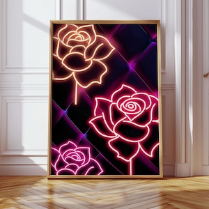 Stampa artistica da parete con rose al neon: illustrazione floreale luminosa e audace per un arredamento moderno, una camera da letto romantica o un accento glamour in studio.