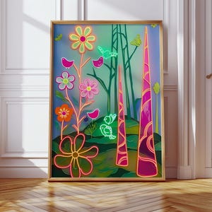 Lámina de pared de jardín de neón: póster de pájaros y flores caprichosos, decoración luminosa para habitación infantil o sala de juegos, ilustración de naturaleza con brillo colorido.