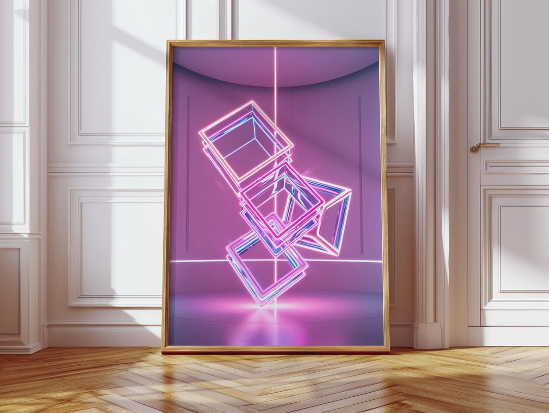 Futuristic Neon Cube Wall Art Print – Glowing Geometric Pink and Blue ...