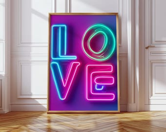 Neon LOVE Art Print: Świecący znak w stylu retro, nowoczesna dekoracja ścienna